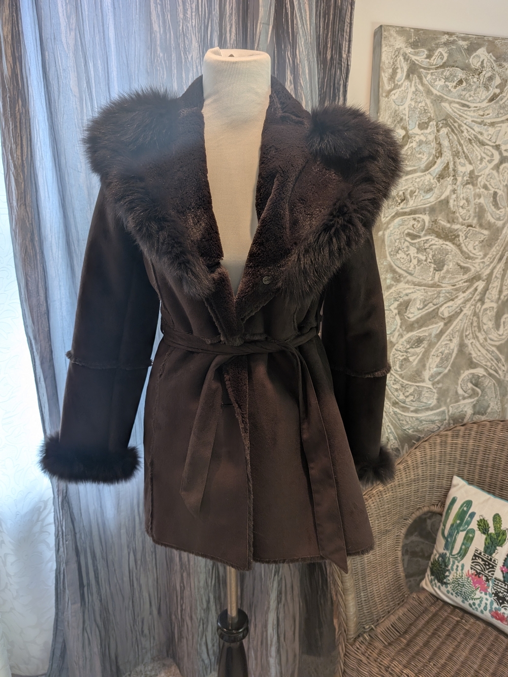 Regent Park Brown Belted Faux Shearling Coat Real Fur Trim Size S